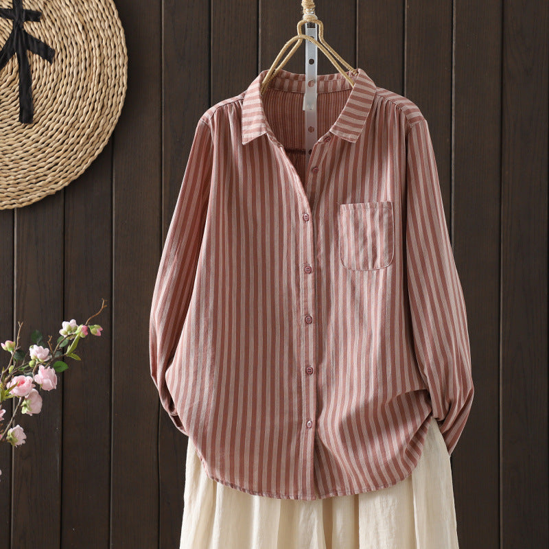 Double Layer Cotton Gauze Striped Shirt Women Loose Long Sleeve Top