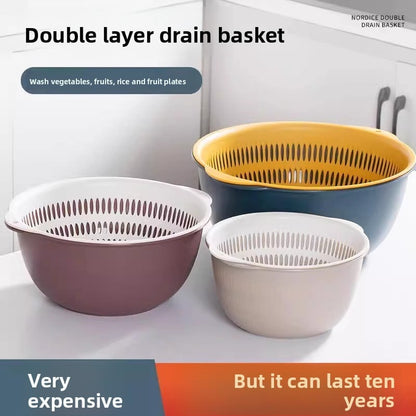 Double-Layer Drain Basin Set – 6-Piece Plastic Colander Bowls for Kitchen & Fruits