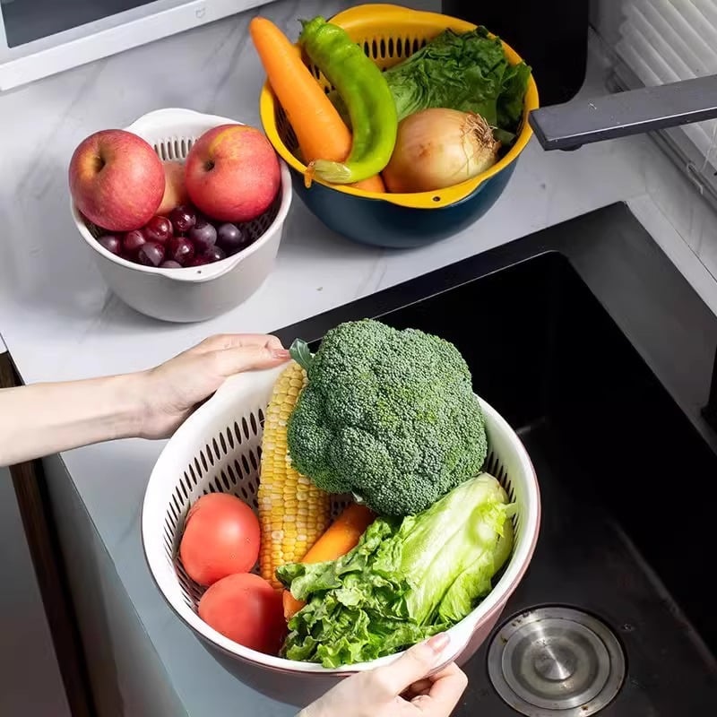 Double-Layer Drain Basin Set – 6-Piece Plastic Colander Bowls for Kitchen & Fruits