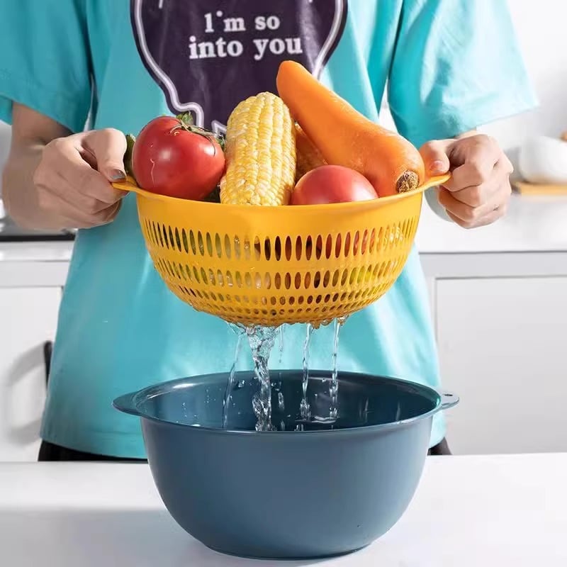 Double-Layer Drain Basin Set – 6-Piece Plastic Colander Bowls for Kitchen & Fruits