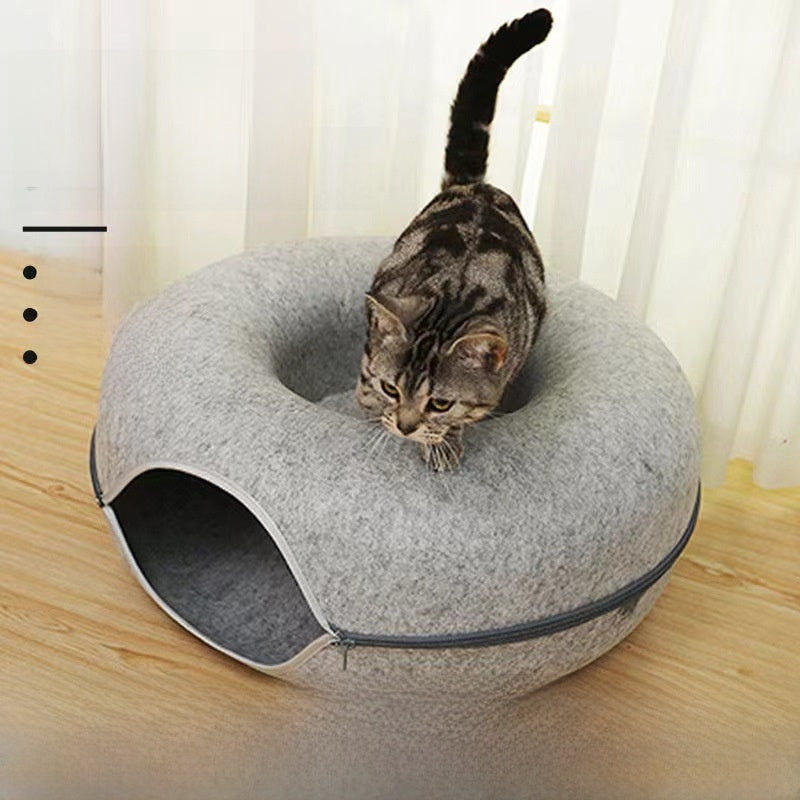 Double Layer Felt Cat Nest with Zipper Tunnel
