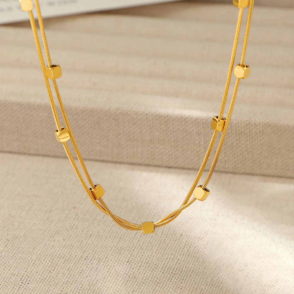 Double Layer Gold Square Titanium Steel Necklace for Women