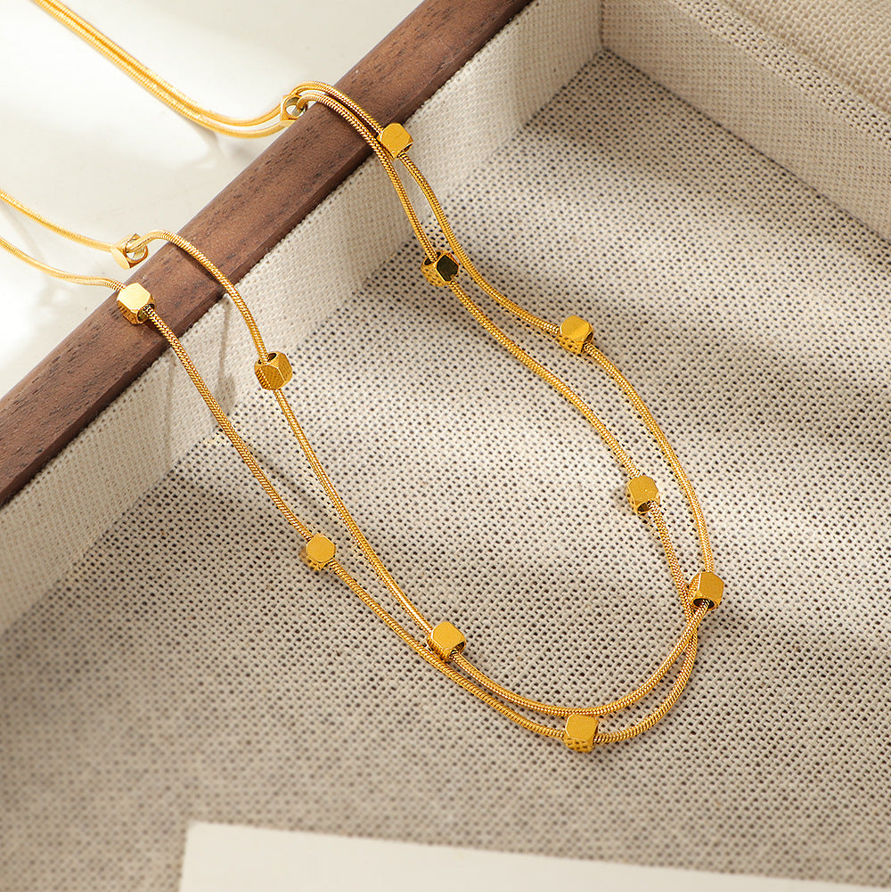 Double Layer Gold Square Titanium Steel Necklace for Women