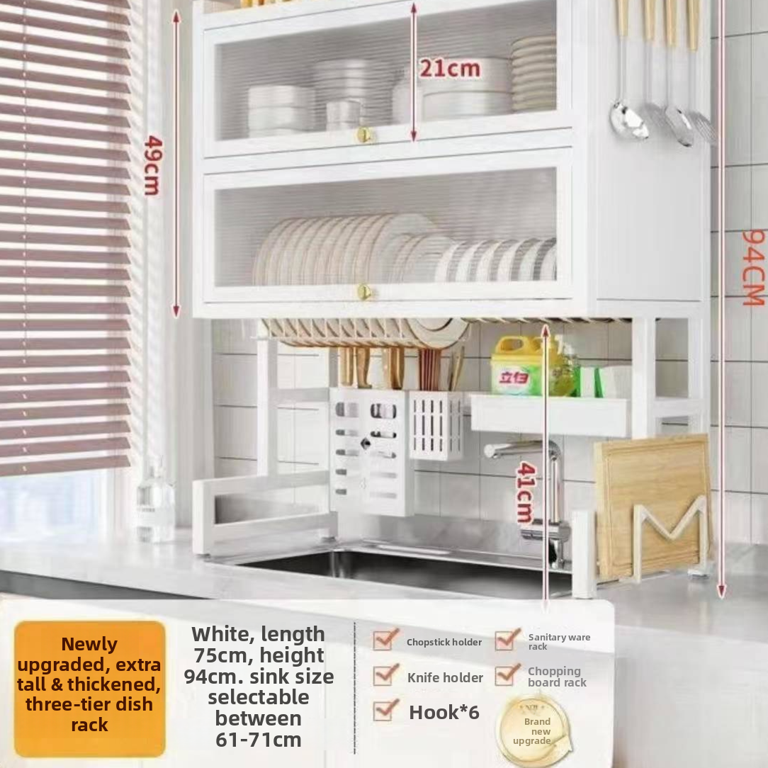 Double Layer Kitchen Sink Rack Dustproof Draining Storage Cabinet
