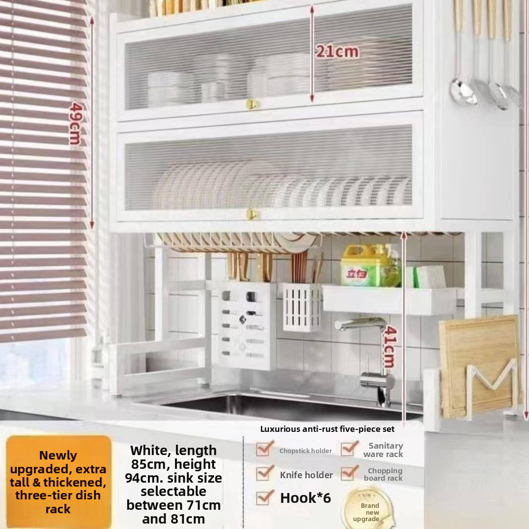 Double Layer Kitchen Sink Rack Dustproof Draining Storage Cabinet