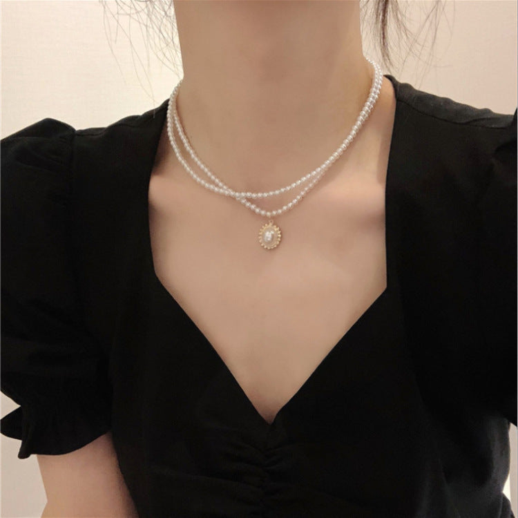 Double-Layer Pearl Necklace with Pendant
