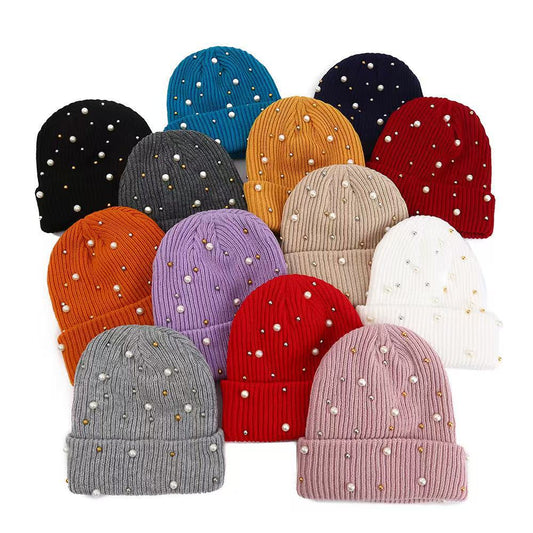 Double Layer Pearl Rhinestone Knitted Hat