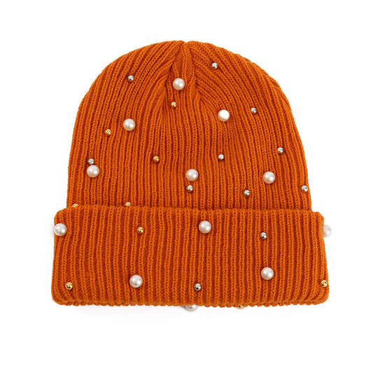 Double Layer Pearl Rhinestone Knitted Hat