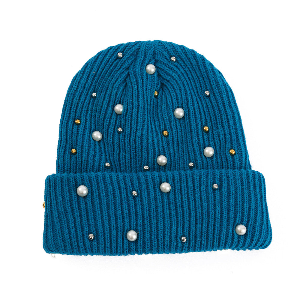Double Layer Pearl Rhinestone Knitted Hat