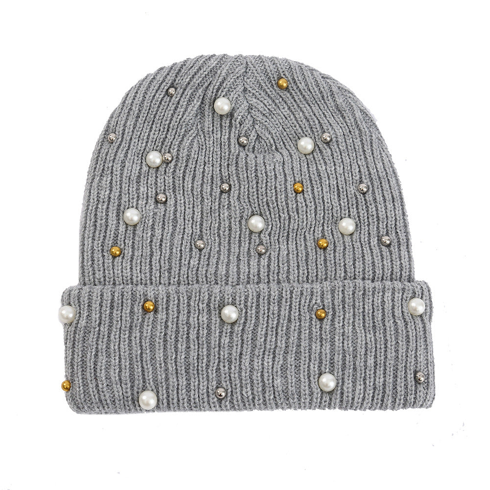 Double Layer Pearl Rhinestone Knitted Hat