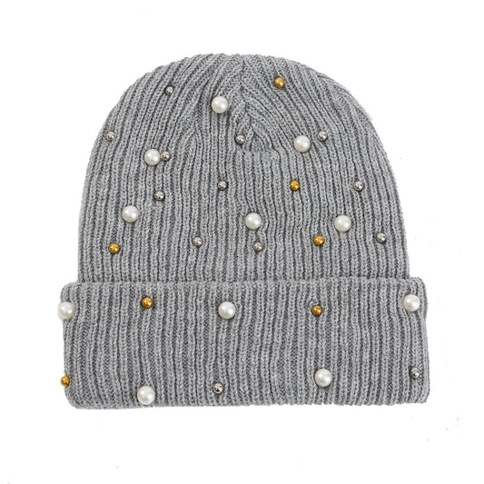 Double Layer Pearl Rhinestone Knitted Hat