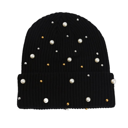 Double Layer Pearl Rhinestone Knitted Hat