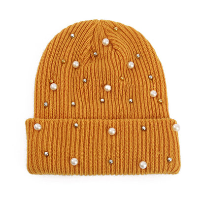 Double Layer Pearl Rhinestone Knitted Hat