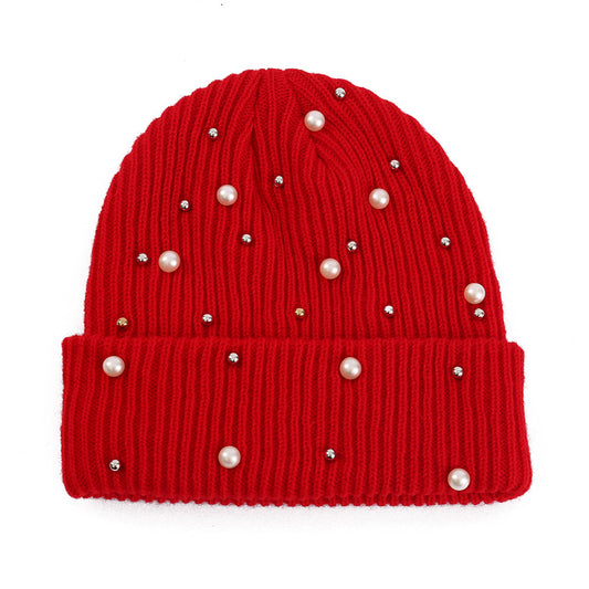 Double Layer Pearl Rhinestone Knitted Hat