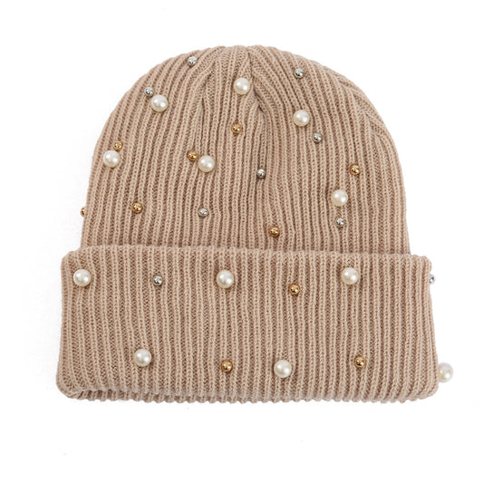 Double Layer Pearl Rhinestone Knitted Hat