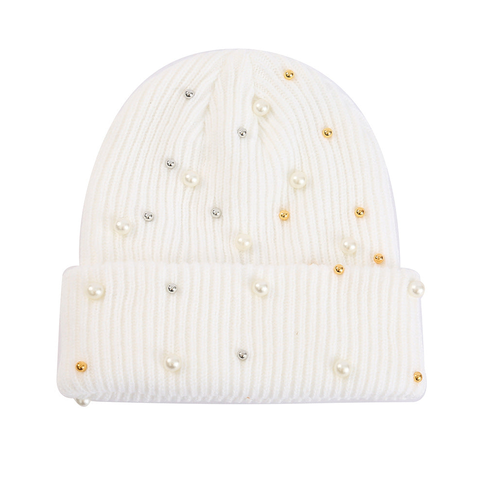 Double Layer Pearl Rhinestone Knitted Hat