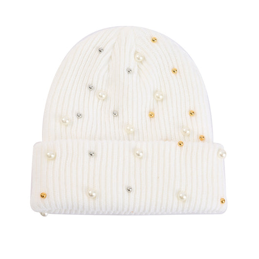 Double Layer Pearl Rhinestone Knitted Hat