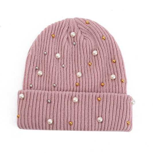 Double Layer Pearl Rhinestone Knitted Hat