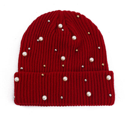 Double Layer Pearl Rhinestone Knitted Hat