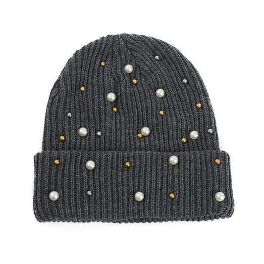 Double Layer Pearl Rhinestone Knitted Hat