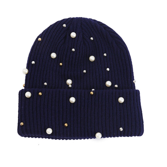Double Layer Pearl Rhinestone Knitted Hat