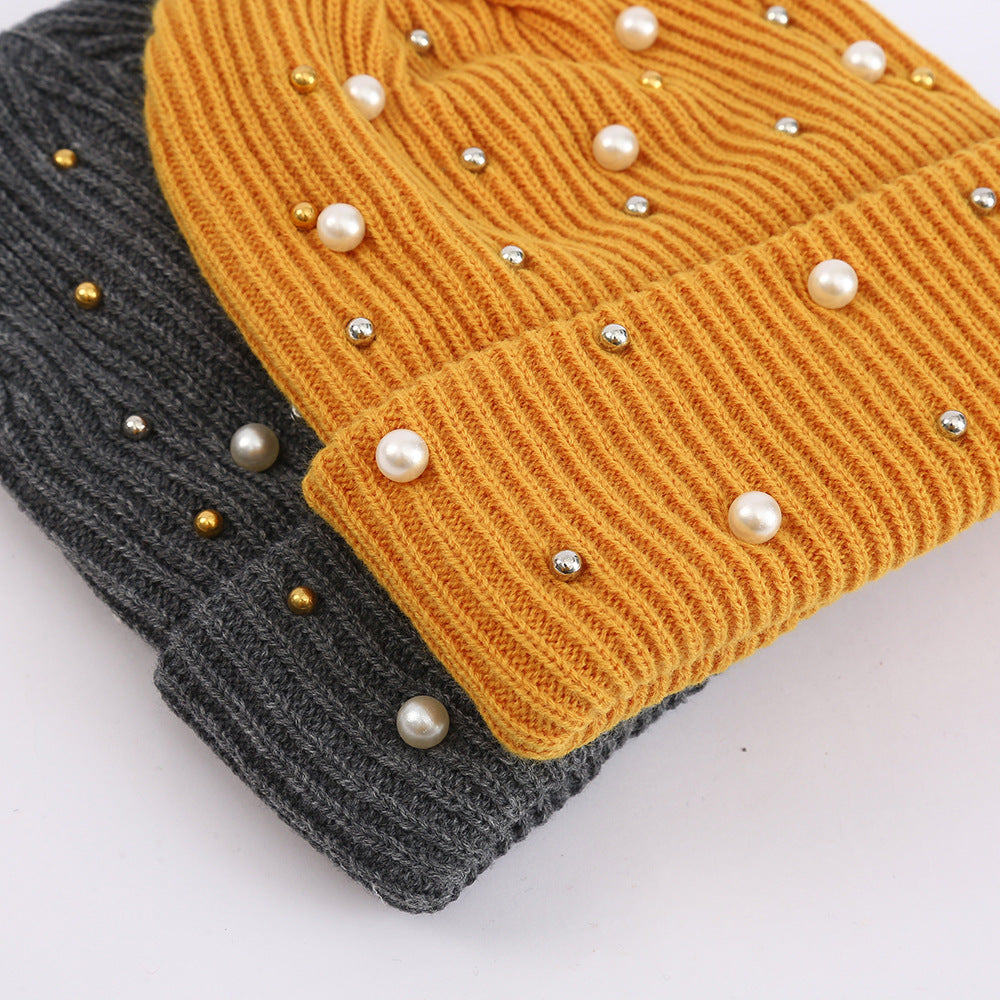 Double Layer Pearl Rhinestone Knitted Hat