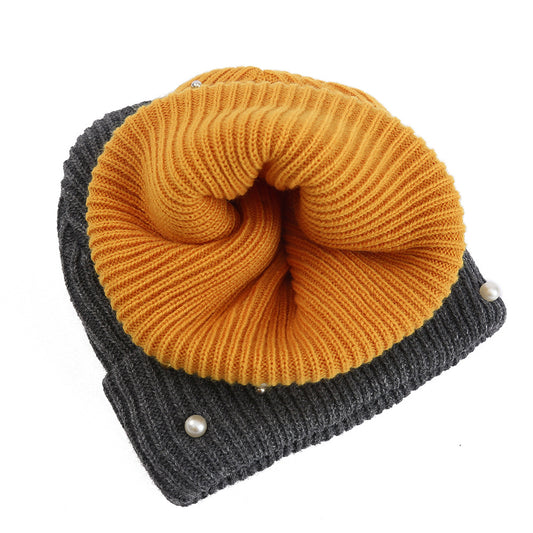 Double Layer Pearl Rhinestone Knitted Hat