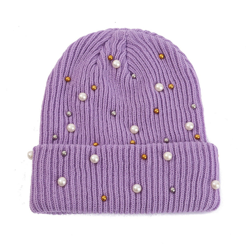 Double Layer Pearl Rhinestone Knitted Hat