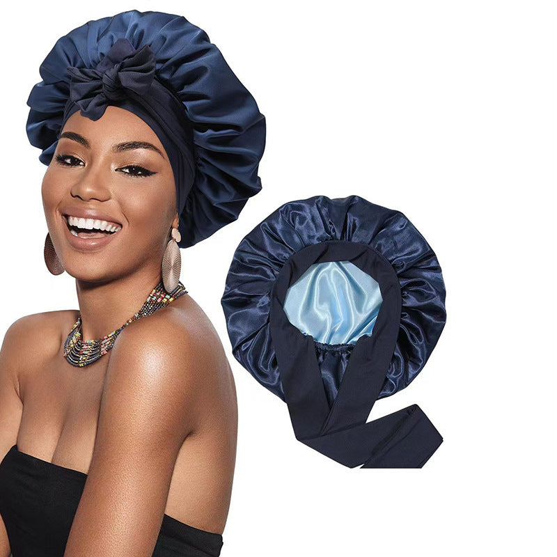 Double-Layer Satin Sleep Cap with Ribbon