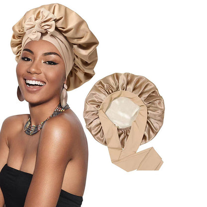 Double-Layer Satin Sleep Cap with Ribbon