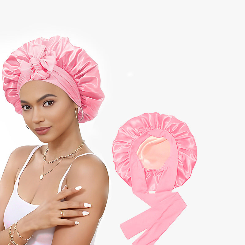 Double-Layer Satin Sleep Cap with Ribbon