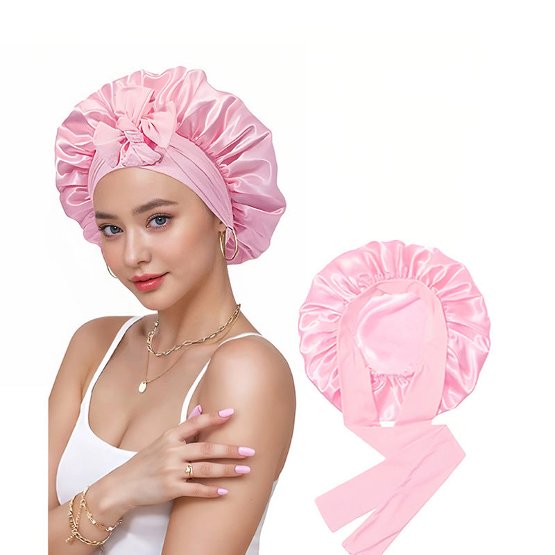 Double-Layer Satin Sleep Cap with Ribbon