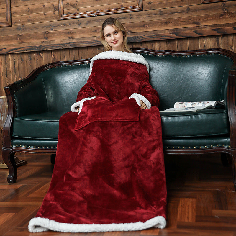 Double Layer Wearable Flannel Blanket with Pocket