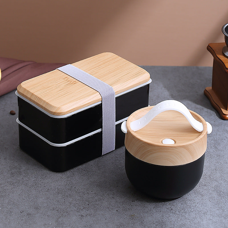 Double-Layer Wood Grain Lunch Box