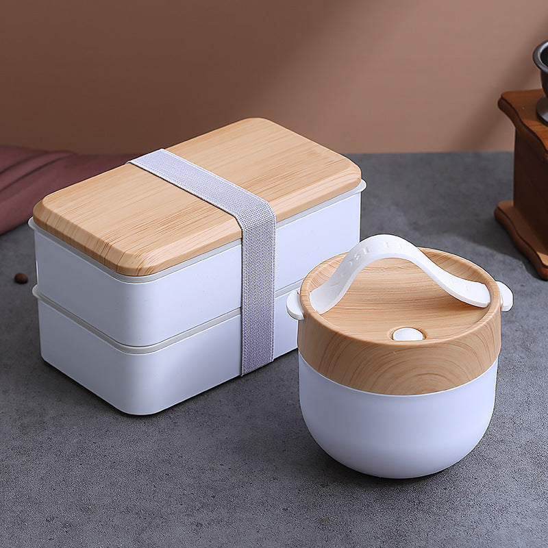 Double-Layer Wood Grain Lunch Box