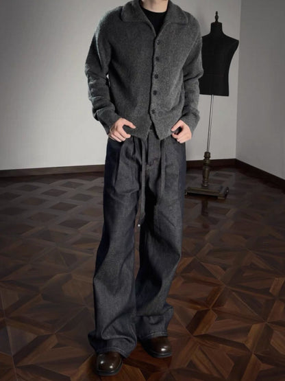 Double Pleated Raw Denim Loose Fit Jeans