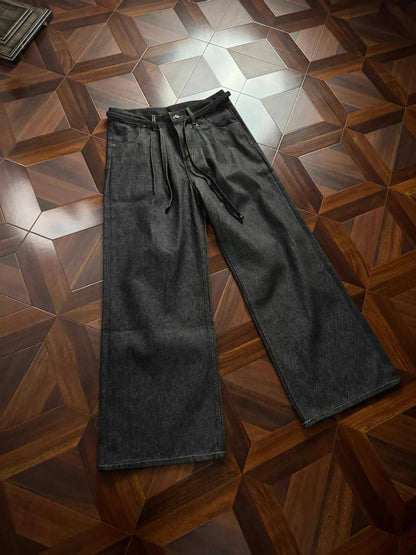 Double Pleated Raw Denim Loose Fit Jeans