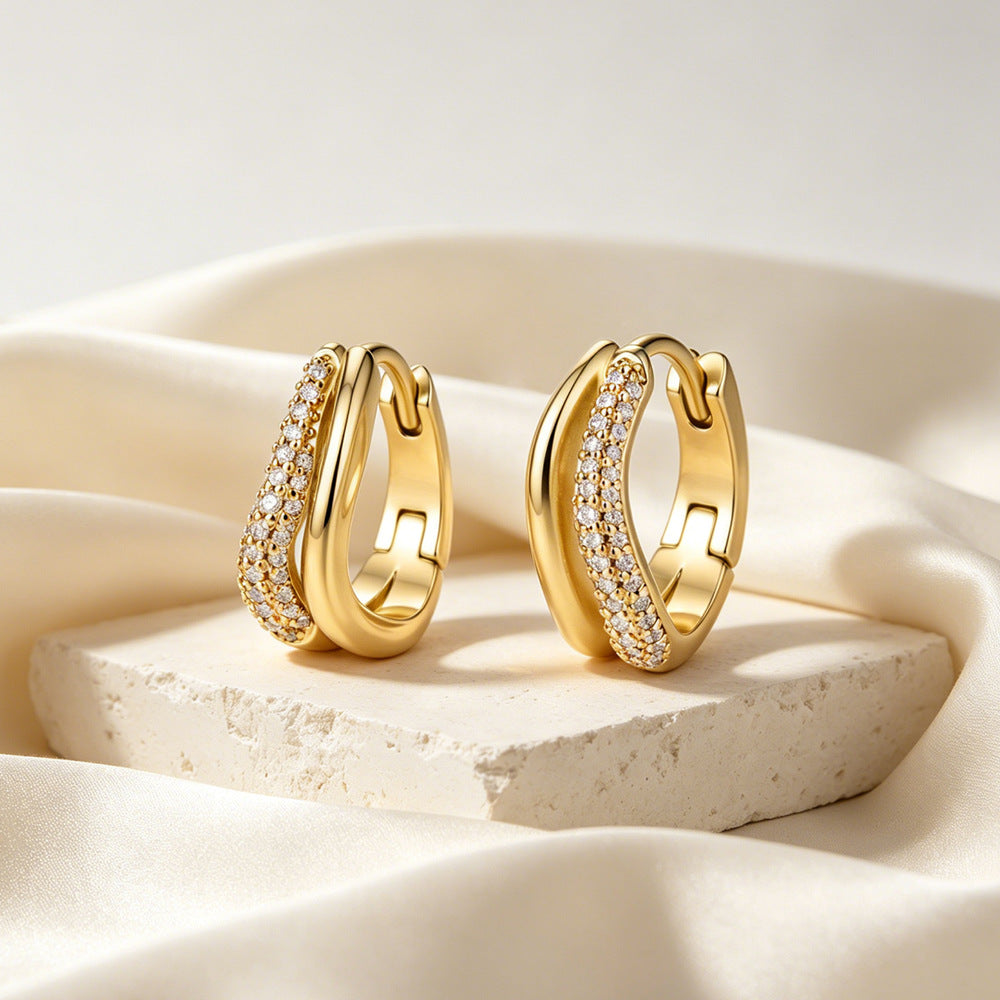 Double Ring Diamond Encrusted Gold Plated Earrings