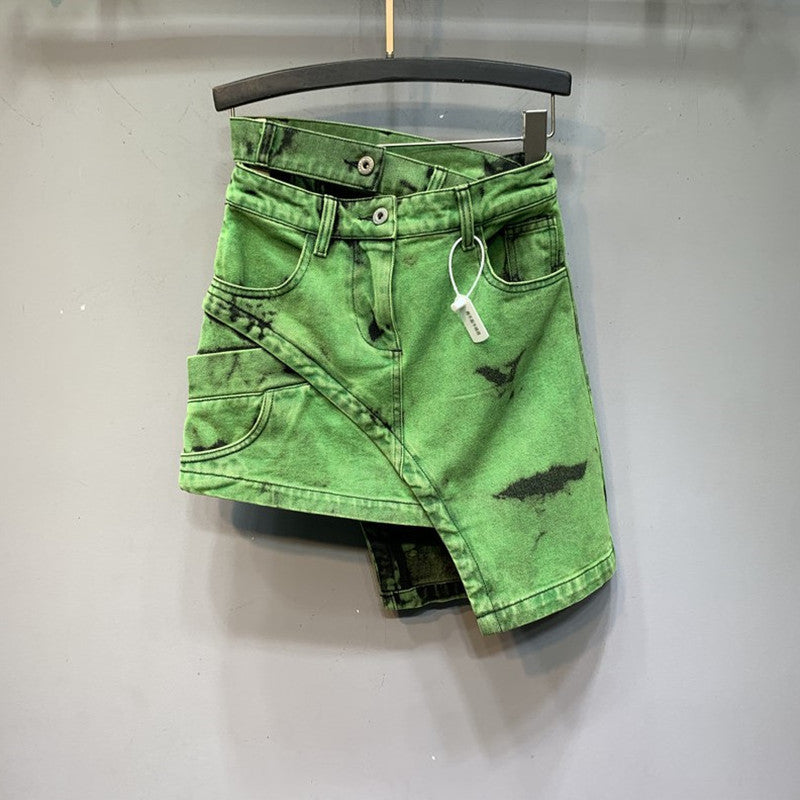 Double-row waist design green denim half-length skirt