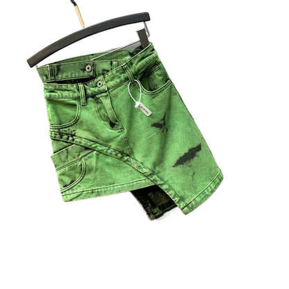 Double-row waist design green denim half-length skirt