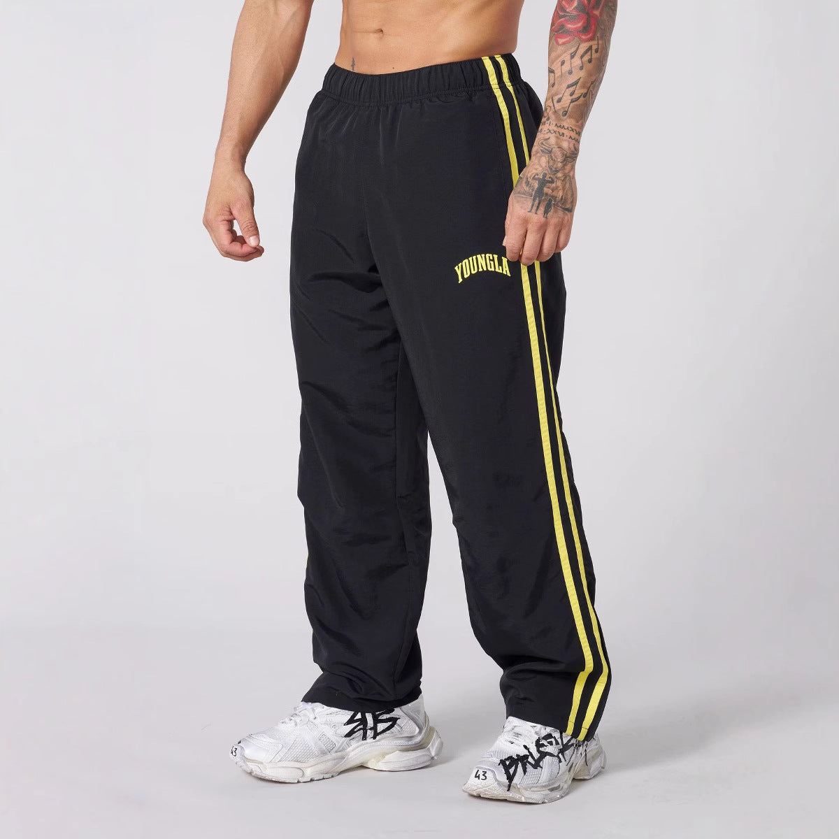Double-strip stitched printed casual pants