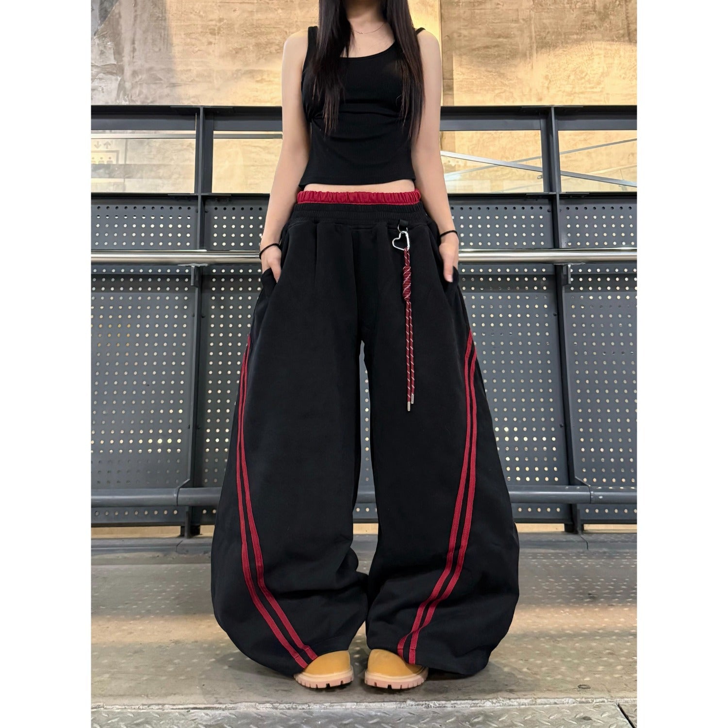 Double Waistband Patchwork Wide-Leg Pants