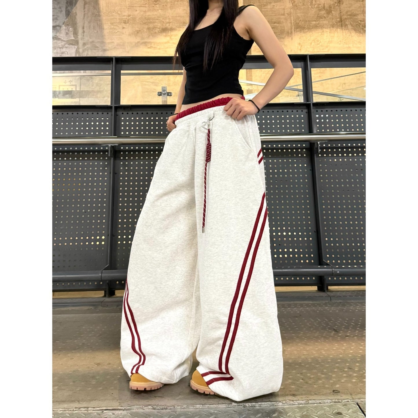 Double Waistband Patchwork Wide-Leg Pants