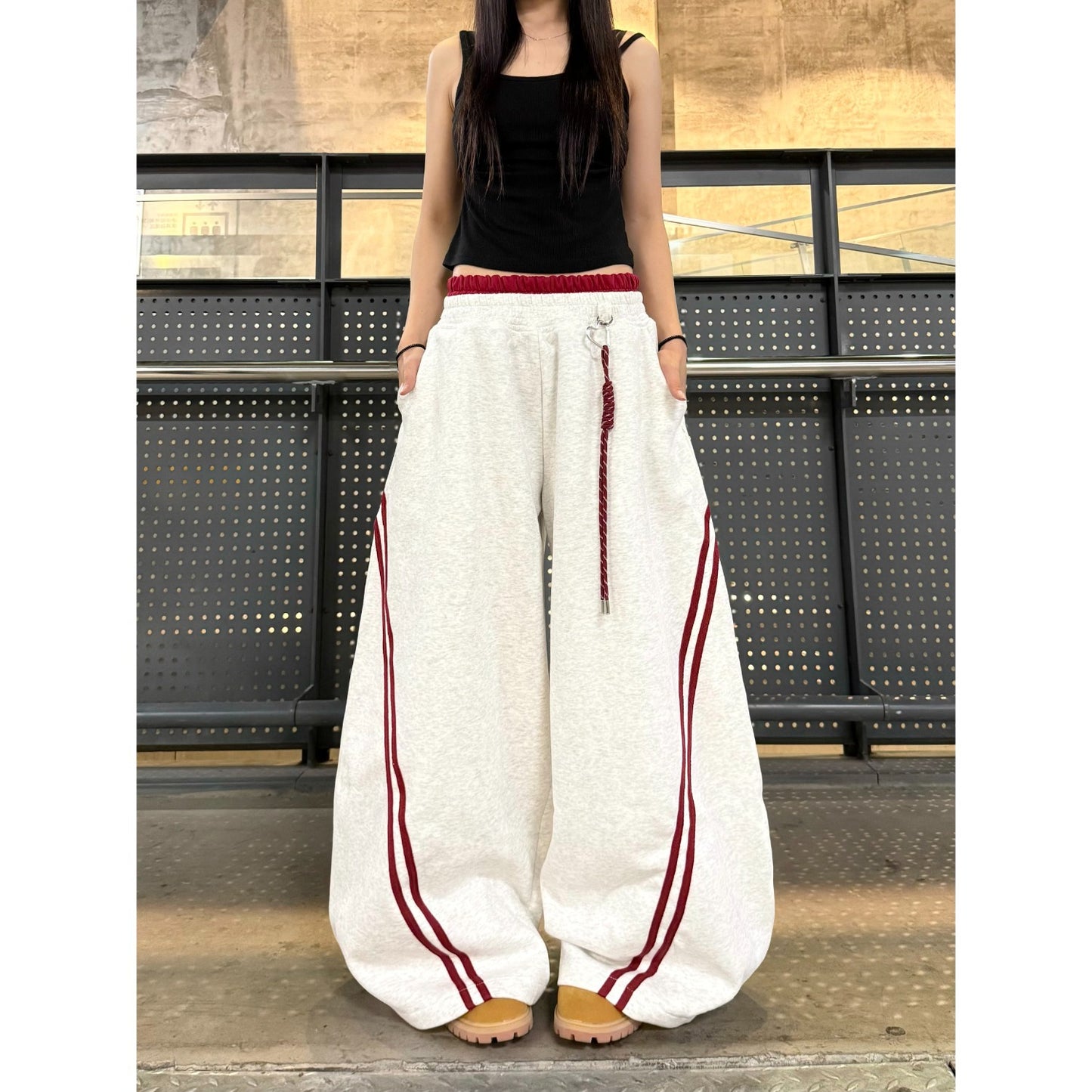 Double Waistband Patchwork Wide-Leg Pants