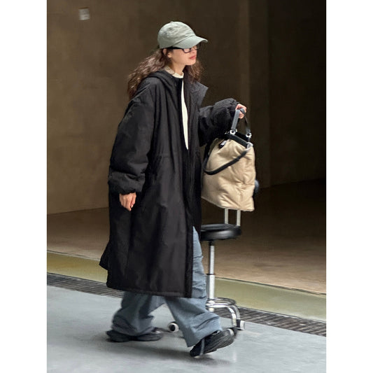 Down jacket with hood, long coat, women's style