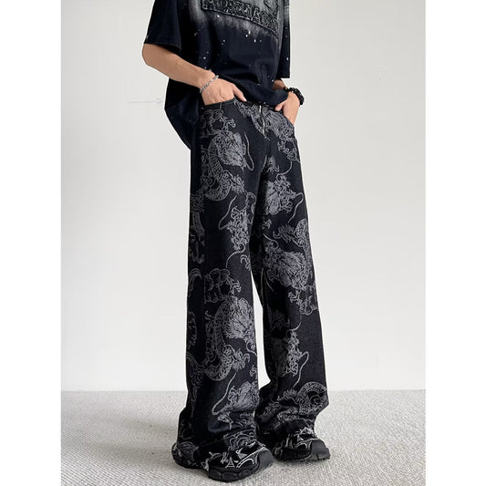 Dragon Embroidered Loose Straight Leg Jeans