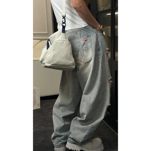 Dragon Embroidered Loose Straight Leg Jeans