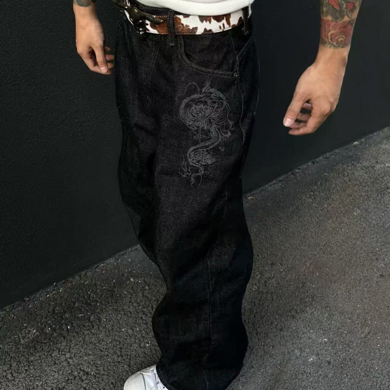 Dragon Pattern Washed Straight-Leg Jeans