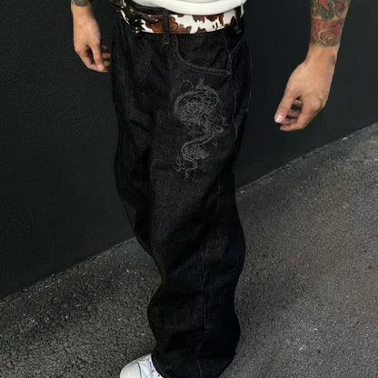 Dragon Pattern Washed Straight-Leg Jeans