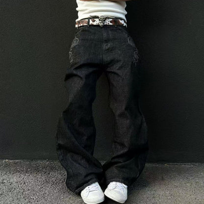 Dragon Pattern Washed Straight-Leg Jeans